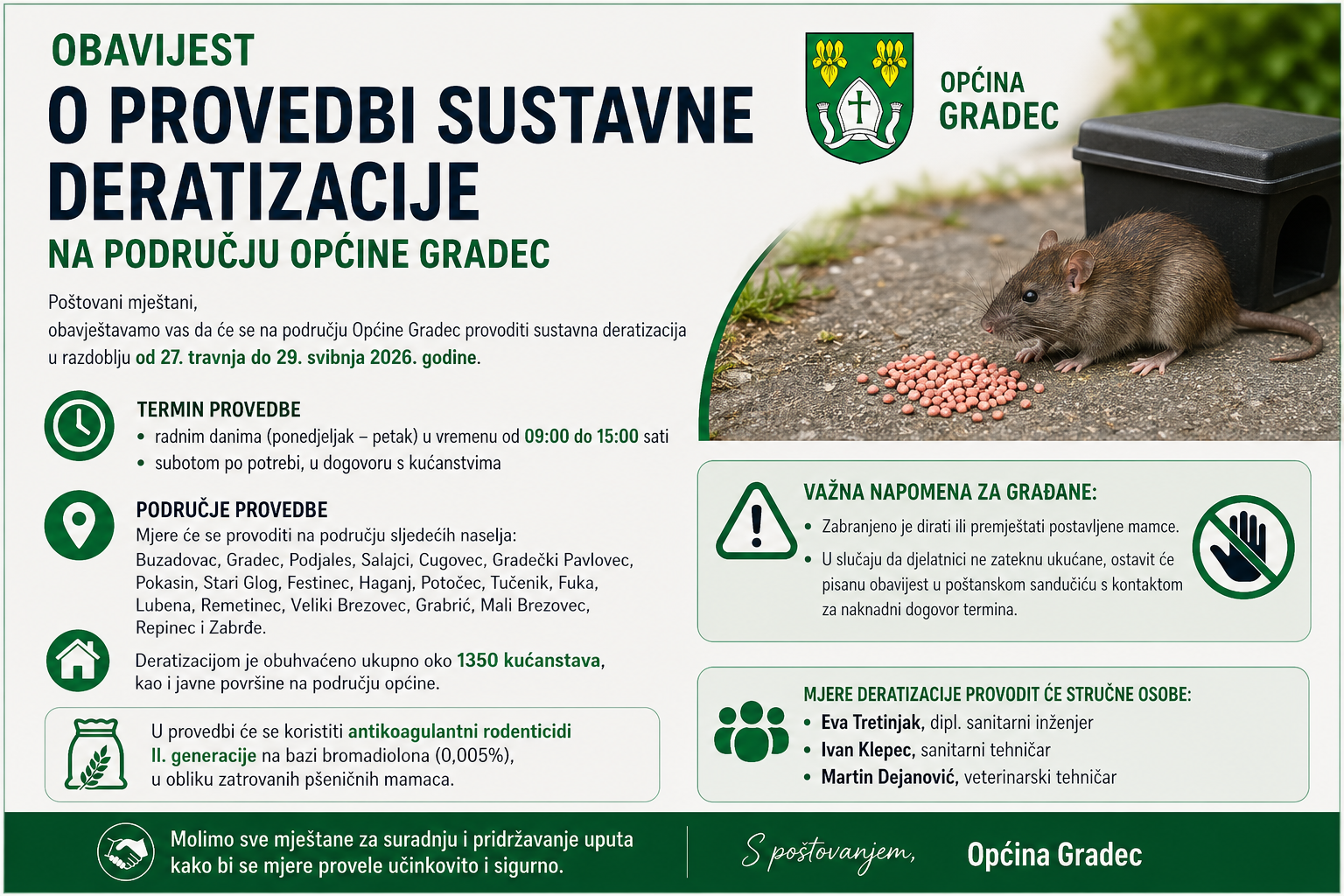 OBAVIJEST O PROVOĐENJU SUSTAVNE DERATIZACIJE NA PODRUČJU OPĆINE GRADEC
